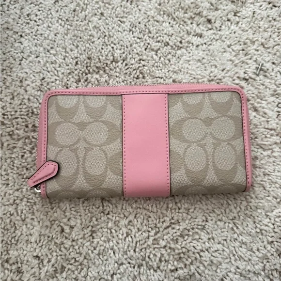 Coach Beige Monogram Zip Wallet with Pink Trim - Picture 2 of 3